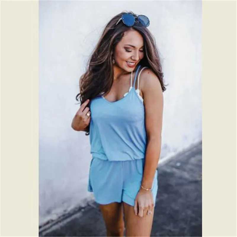Женский мини костюм пляжного типа одежда комбинезон сплошной цвет синие карманы