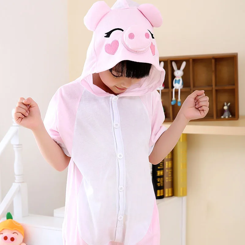 

Summer Kids Pajama Animal Pig Pink Cosplay Costume Short Sleeve Hoodie Kigurumi Onesies