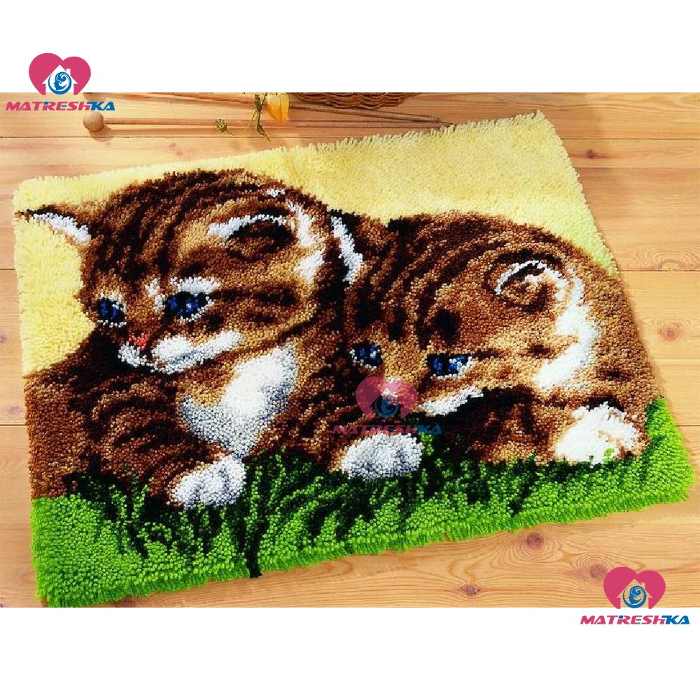 

Latch Hook Rug Kits tapestry DIY Needlework Unfinished Crocheting Rug Yarn Cushion Mat Double Cats 3D diy Embroidery Carpet