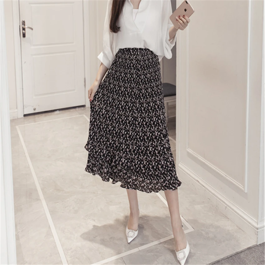 2019 Летняя мода Винтаж Высокая талия для женщин юбки цветочные оборками