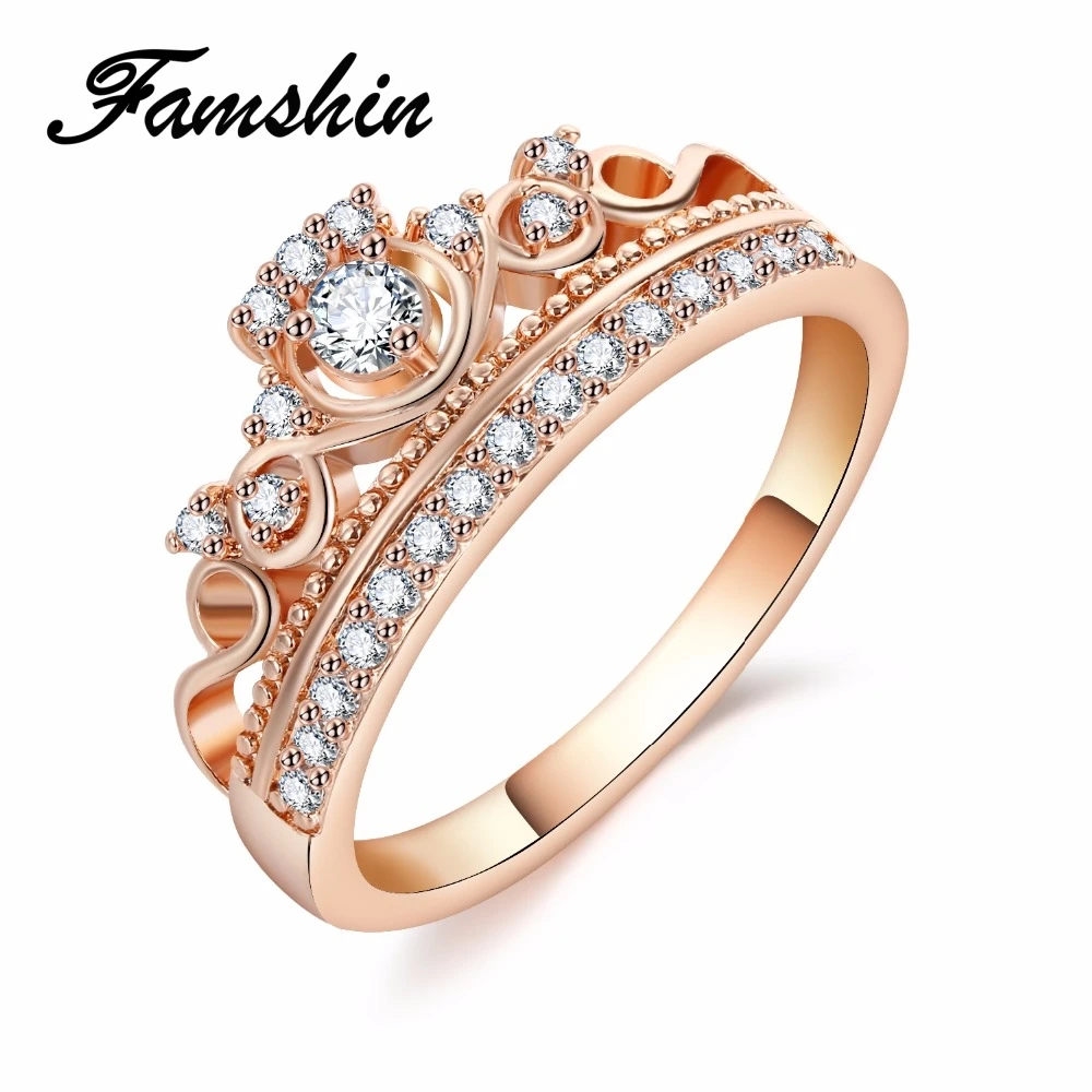 Женское кольцо с короной FAMSHIN Queen's розовое золото серебро циркон|crown rings for women|crown