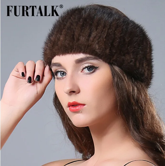 FURTALK, норковый мех, зимний головной убор для женщин, теплый вязаный натуральный мех норки, повязка на голову, меховая шапка, женские меховые аксессуары для волос - Цвет: dark brown