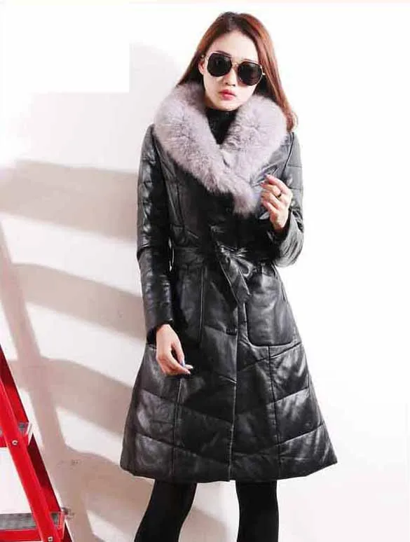 High quality woman genuine sheepskin leather duck down coat with a large real fox fur collar warm jacket parkas black xxxxl 4xl | Женская