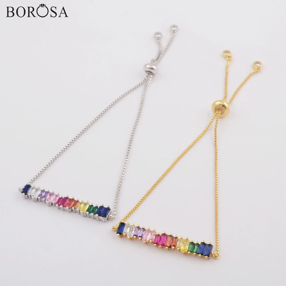 

BOROSA Rainbow CZ Micro Pave Bar Connector Bracelets Gold Silver Color 10inch Adjustable Chain Bracelet Charm Bracelets WX1146-B