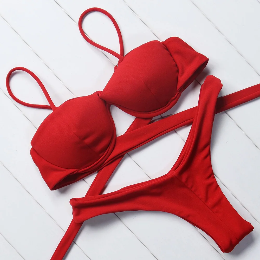 solid swimsuit women sexy bikini thong set 2018 halter bandage swimwear female push up bathing suit summer swimming |
