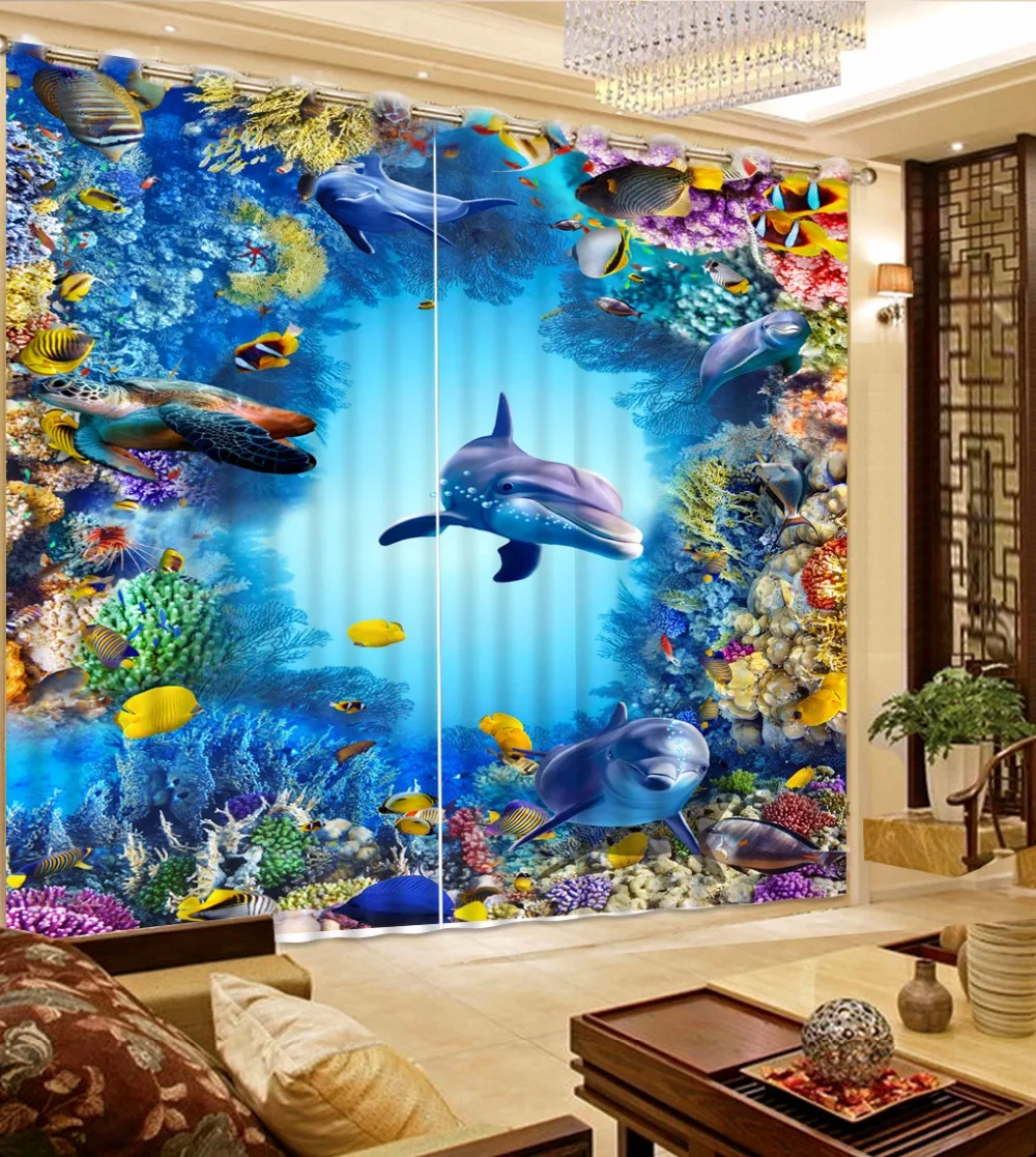 

3D Curtains For Kitchen Customize 3D Curtains For Bedroom Underwater World Dolphins Children Room Curtains