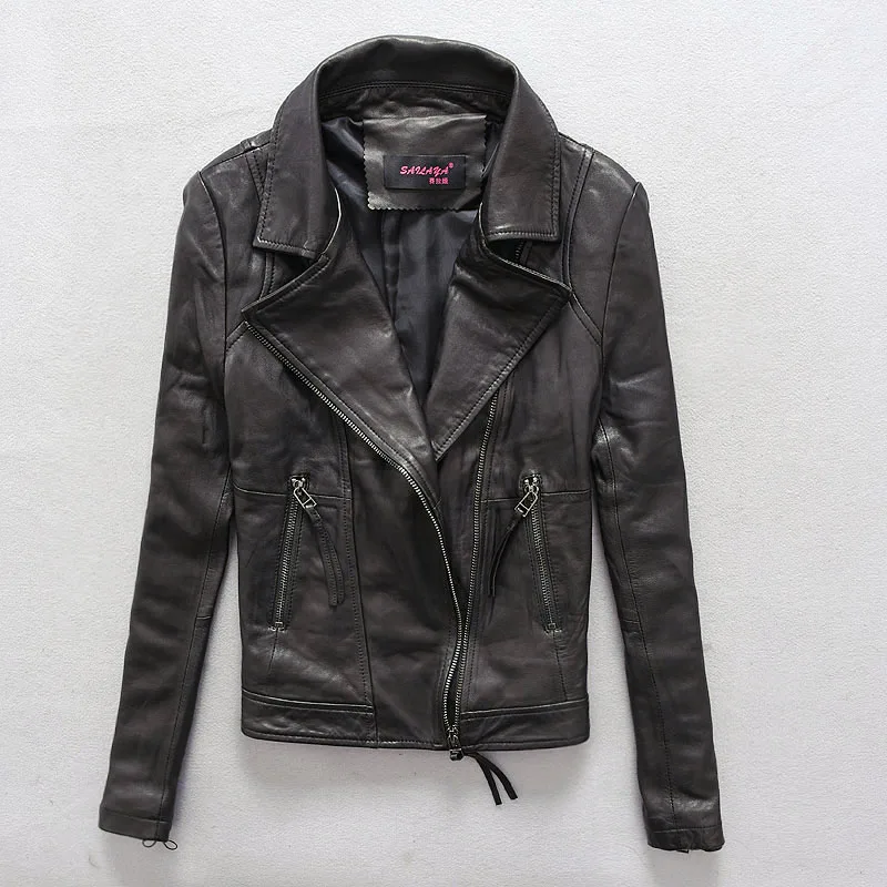 

Women Vintage Real Sheepskin Leather Jackets Motorcycle Genuine Sheepskin Leather Coat