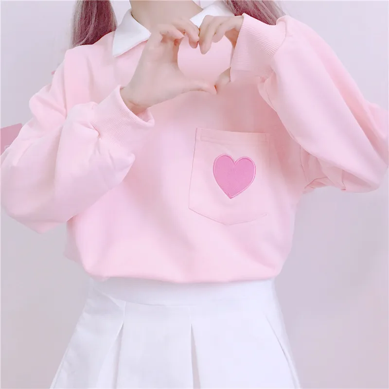 

New Autumn Women top New Japanese loose pullover cute heart embroidery pocket stitching polp collar kawaii pink sweatshirt