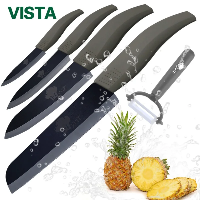 Grey Curved set Кухонный нож, керамические ножи, набор для приготовления пищи, 4 дюйма, для очистки овощей, 5 дюймов, для нарезки, 6 дюймов, шеф-повара+ 6 дюймов, зубчатый нож для хлеба, Овощечистка, циркониевый черный нож - Цвет: Grey Curved set