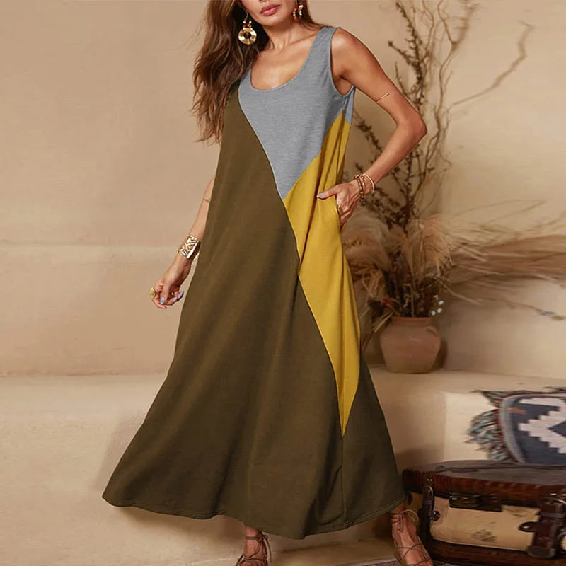 Sleeveless Coffee Lipswag 5XL, винтажное длинное платье с коротким рукавом, пэчворк, повседневное, свободное, размера плюс, Ретро стиль, макси платья, женское летнее пляжное платье с круглым вырезом - Color: Sleeveless Coffee