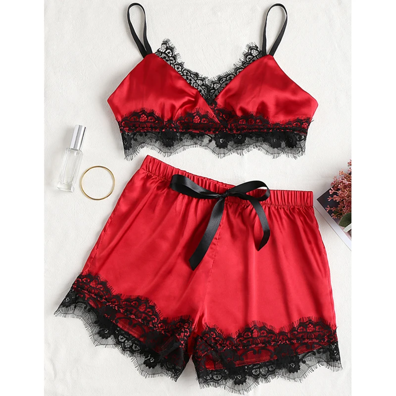 Модный женский пижамный комплект Сексуальный Атласный белая кружевная Пижама с