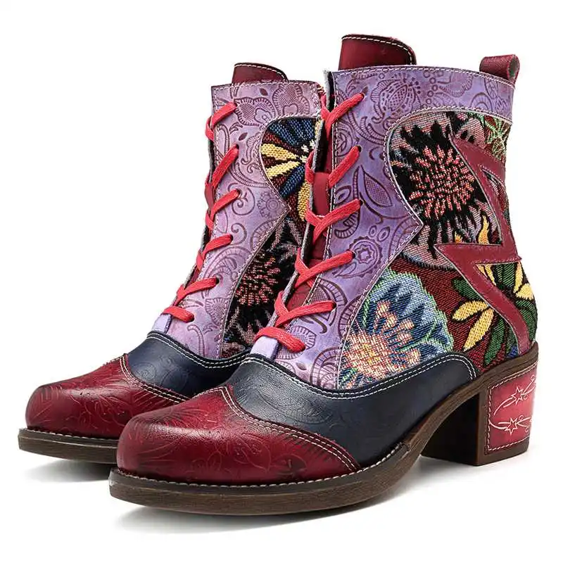 Socofy Fashion Vintage Cowgirl Boots Women Shoes Woman Genuine Leather Ankle Boots Chunky Block Heel Western Booties Bota