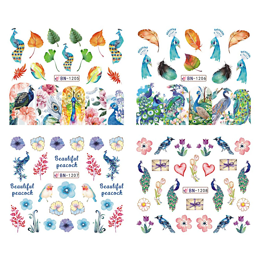 Наклейка для ногтей в виде павлина трафарет цветка перо водная наклейка сделай