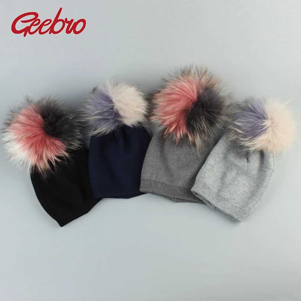 

Geebro Baby Cashmere Beanies Hats With Patchwork Raccoon Pompom For Newborn Girls Boys Kids Warm Plain Cotton Skullies Beanie