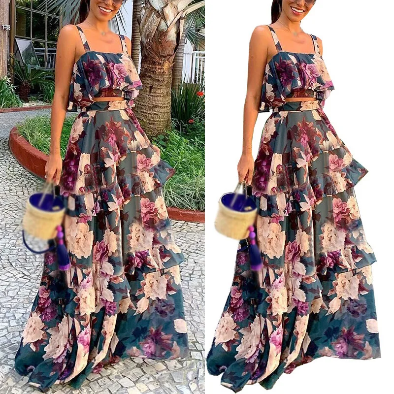 Богемное Платье с принтом на бретельках для коктейльной вечеринки длинное