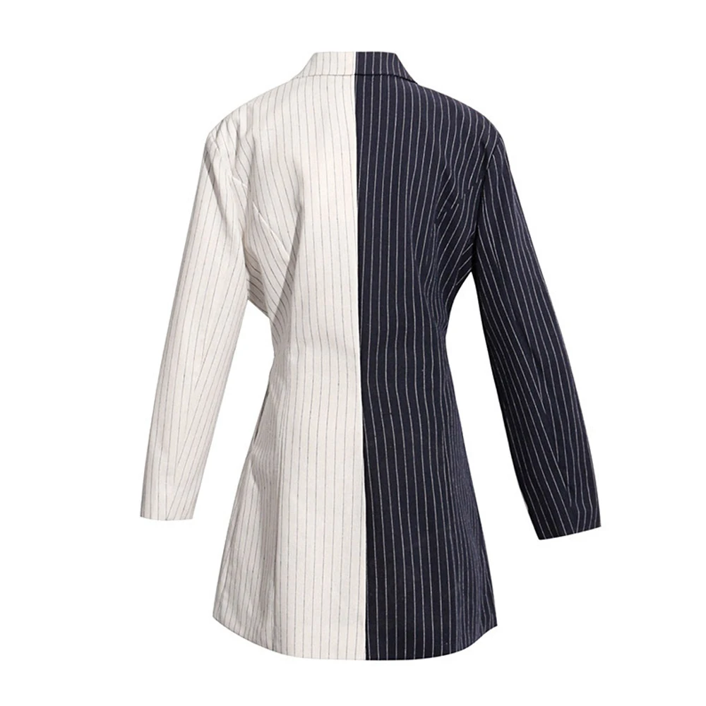 Women Autumn Suit Pattern Striped Color Block Turn-down Collar Single Button Slim Cotton Jacket Green Navy Blue FS0676 | Женская одежда