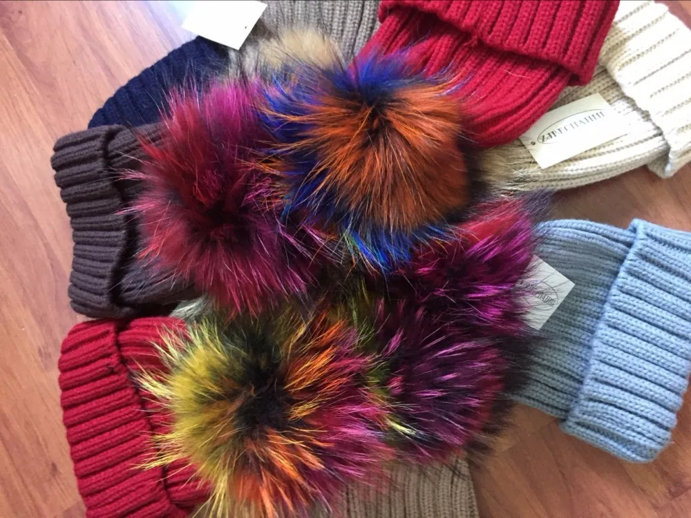 Модные новые помпоны из натурального Лисьего меха норки 15 см Skullies Beanies, шапки для женщин и девочек, зимние шапки, Детские теплые шапки Skullies Beanies