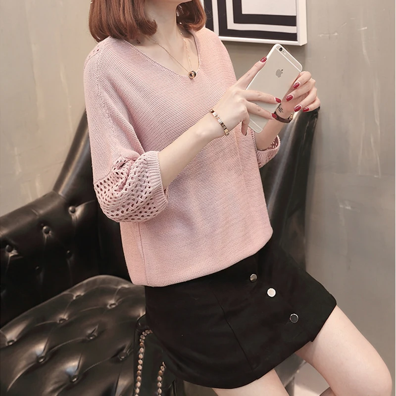 2019 Hot Sale Women Spring Knitted Sweater Three Quarter Sleeve Female Casual Pullover Ladies Pull Femme | Женская одежда