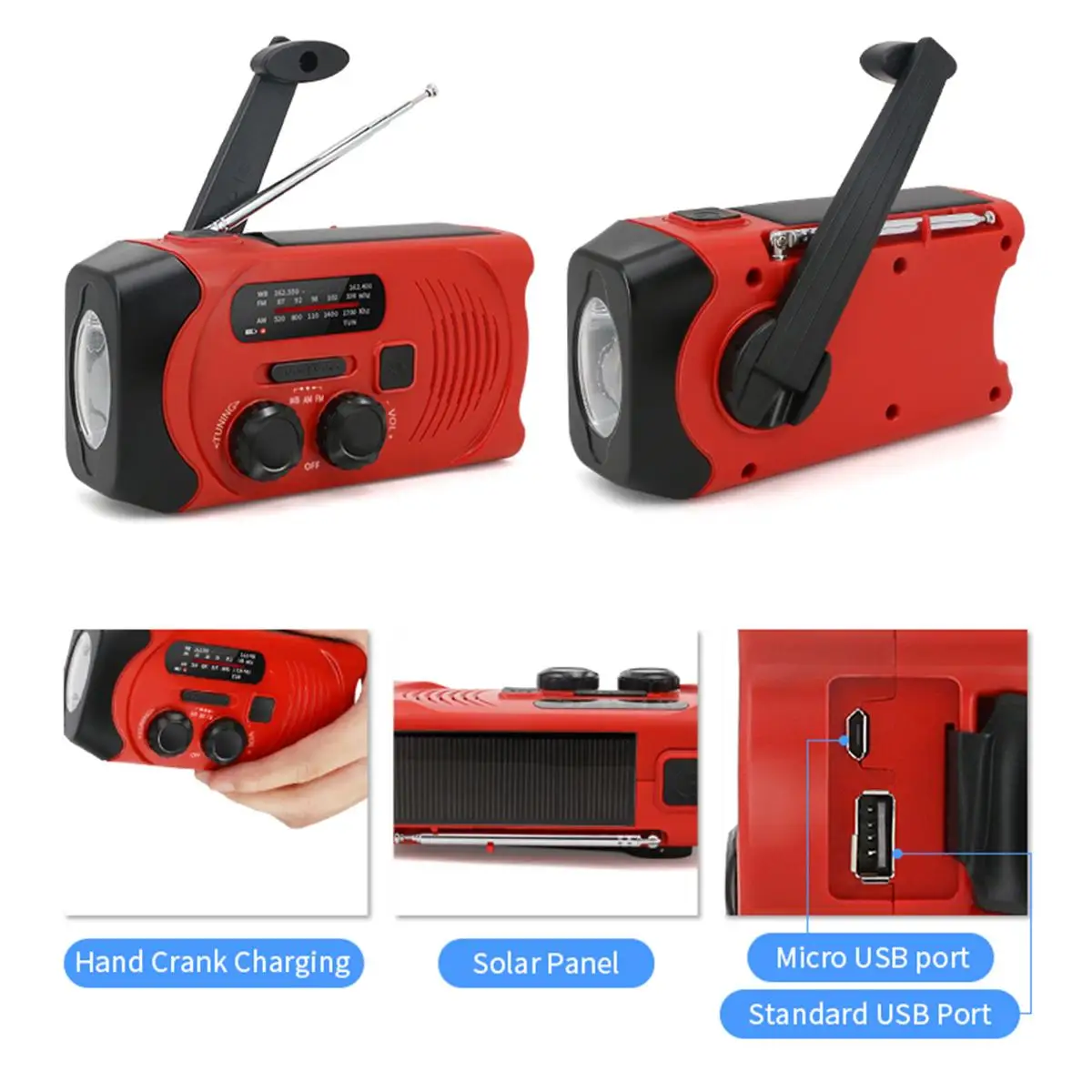 Global Weather Radio Receiver AM WB FM Radio Flashlight Hand Crank Solar Solar Panel Rechargeable 2000mAh Power Bank