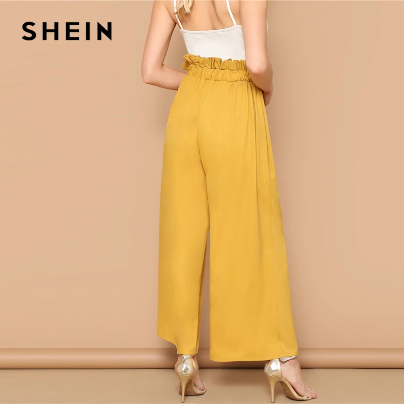 SHEIN/широкие брюки с бантиком и складкой на талии; элегантные свободные брюки с эластичной резинкой на талии; желтые брюки с высокой талией
