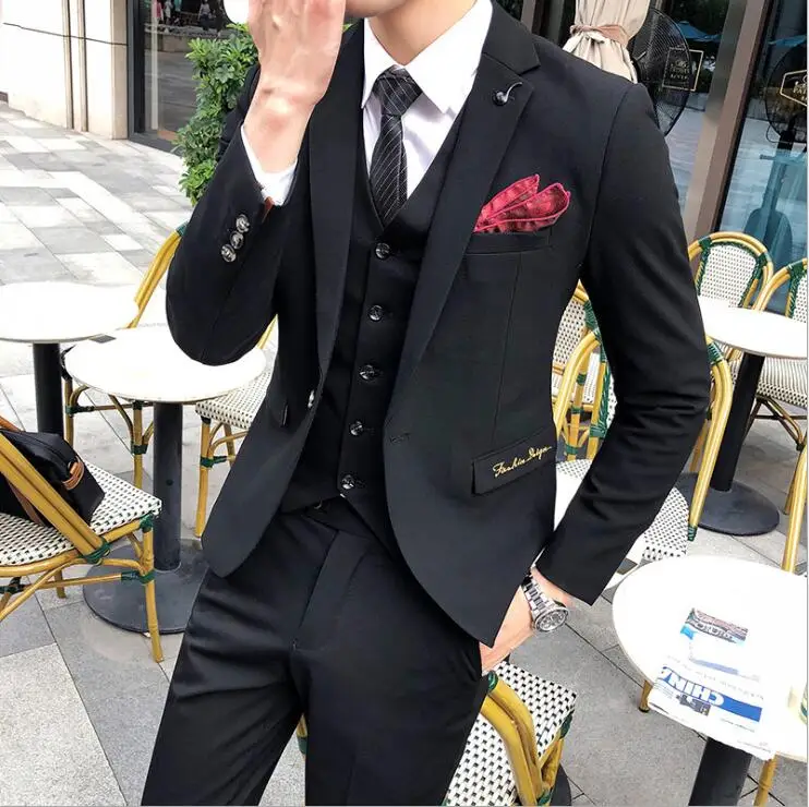 

(jacket+pants+vest) Luxury Mens Black Suit Jacket Pants Formal Dress Men Suit Set Men Wedding Suit Groom Tuxedos