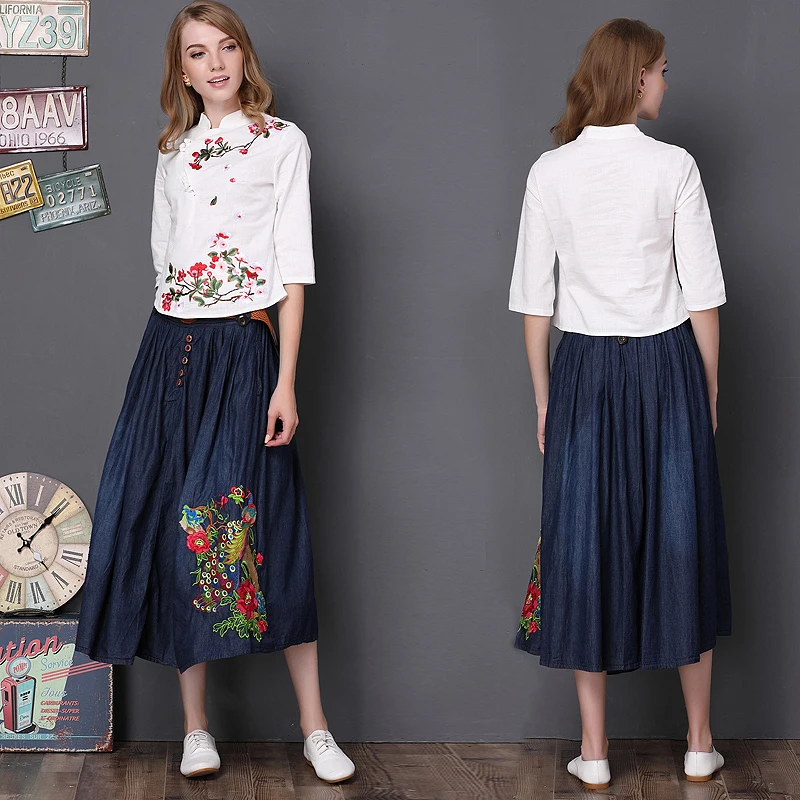 Фото Летняя Высокая талия длинная джинсовая юбка для женщин цветок вышитые джинсы Летняя Высокая талия длинная джинсовая юбка для женщин цветок вышитые джинсы