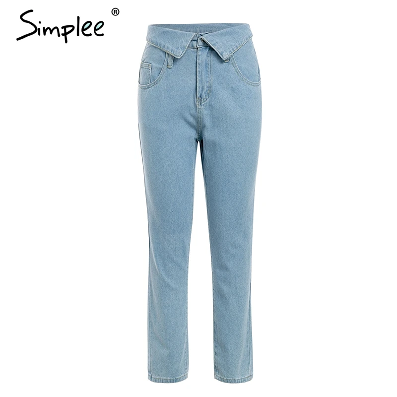 Simplee Fold-over waist blue jeans women pants Casual pocket denim harem Streetwear skinny autumn trousers 2019 |