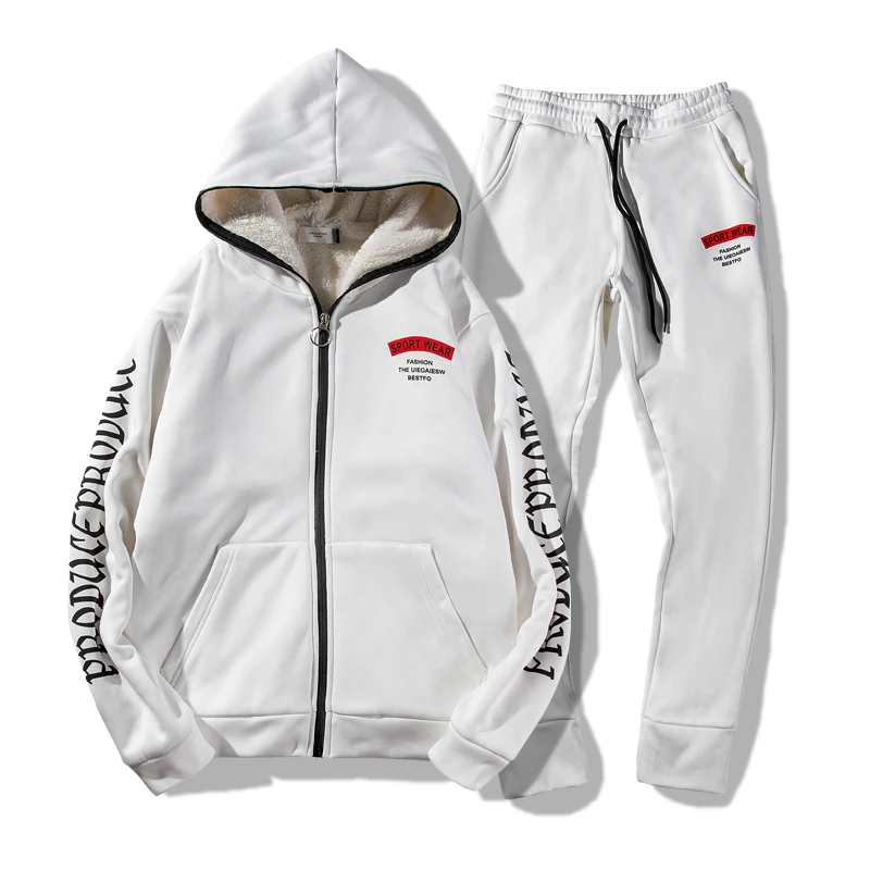 

Casual Tracksuit Mens Set Winter Brand Two Piece Sets Inner Fleece Thick Warm Hooded 2PC Jacket + Pants Sporting Suit Male