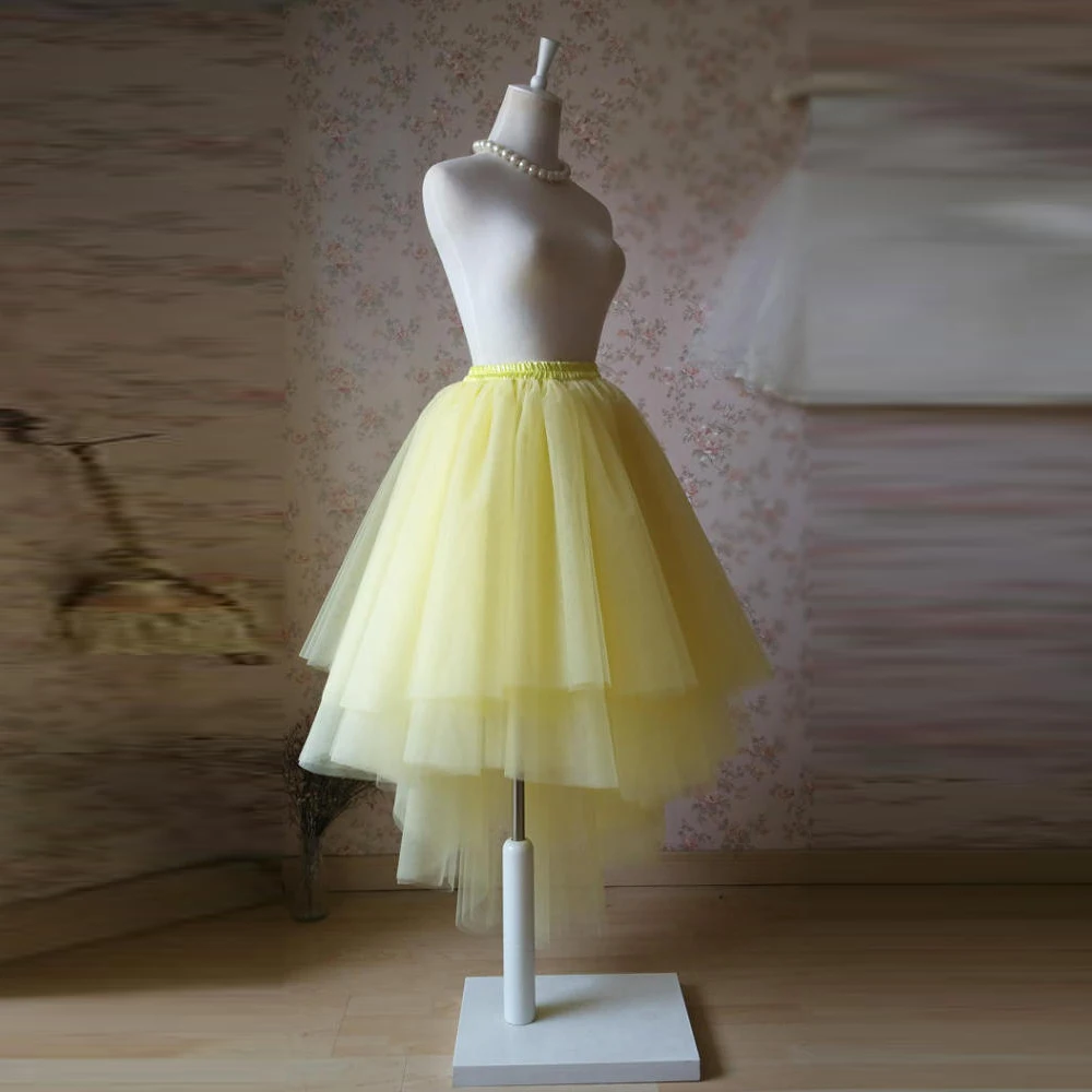 

Asymmetrical Yellow Tulle Skirt Elastic Waistline Floor Length Full Maxi Skirt Tiered Long High Low Tutu Skirts