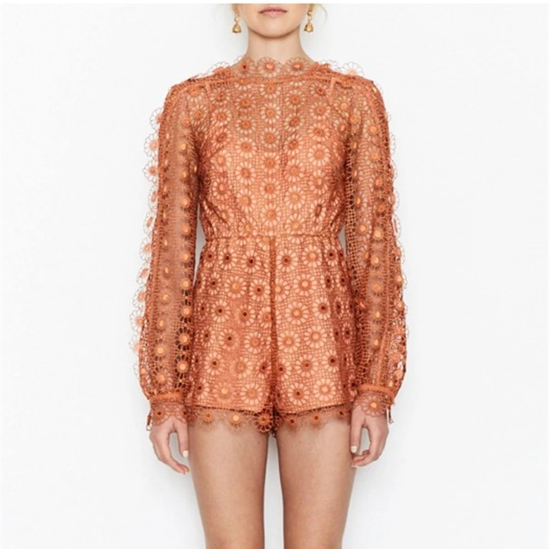 2017 трехмерный цветок Кружево вырез Для женщин с длинными рукавами комбинезон