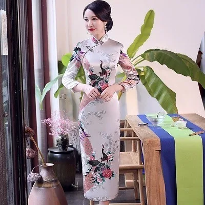 White-A SHENG COCO китайское традиционное платье Cheongsam Qipao с длинным рукавом женское темно-синее длинное вечернее Ципао Drees размера плюс 6XL - Цвет: White-A