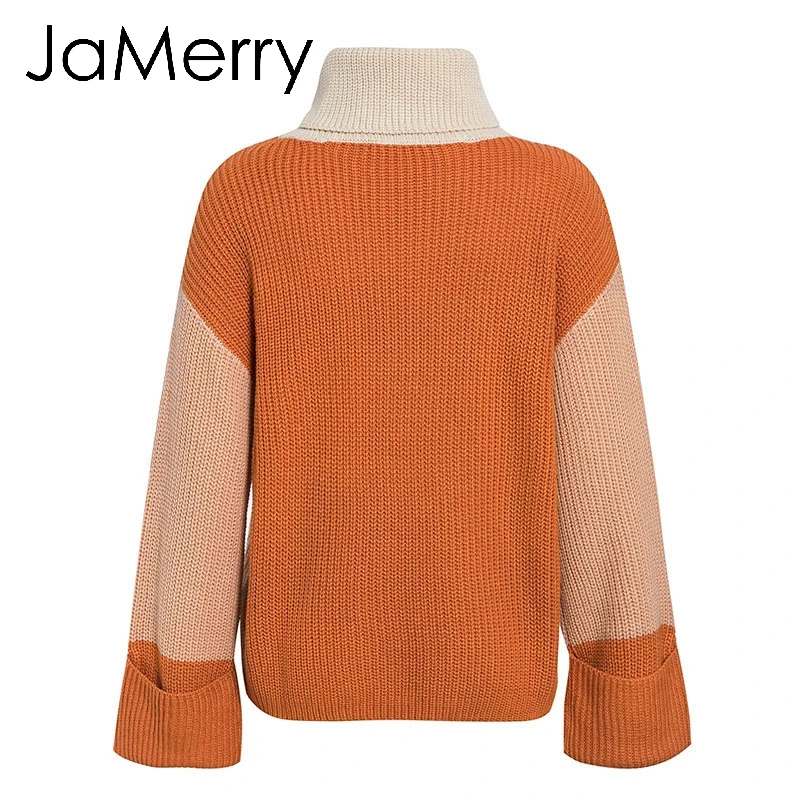 JaMerry винтажные Лоскутные вязаные свитера с высоким воротом Женские повседневные с длинным рукавом корейский пуловер Джемпер женский свитер уличная одежда