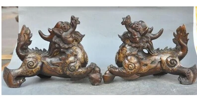Copper Brass CHINESE crafts decor Asian voge joya 9 &quot fengshui bronce chino riqueza yuanbao perro de foo lion bestia unicornio | Дом и сад
