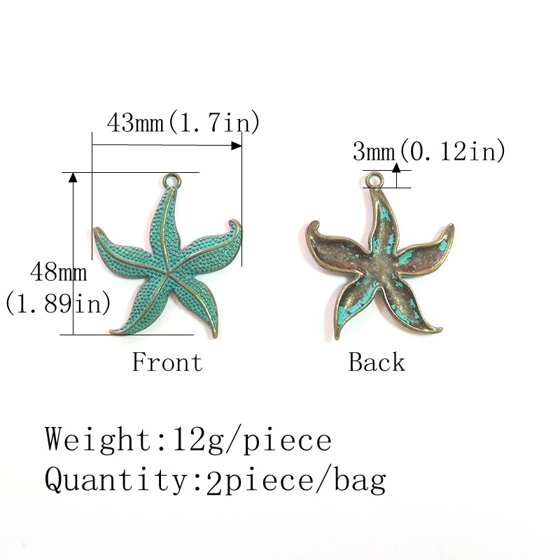 

2019 new fashion 2pcs 48*43MM Retro Patina Plated Zinc Alloy Green Starfish Charms Pendants For DIY Jewelry Accessories
