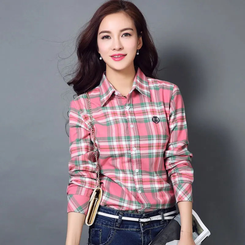 

M-XXXL Women Cotton Shirt Spring Autumn 2021 New Casual Long-sleeve Brushed Plaid Stripe Shirt Slim Girl's Tops Female Plus Size