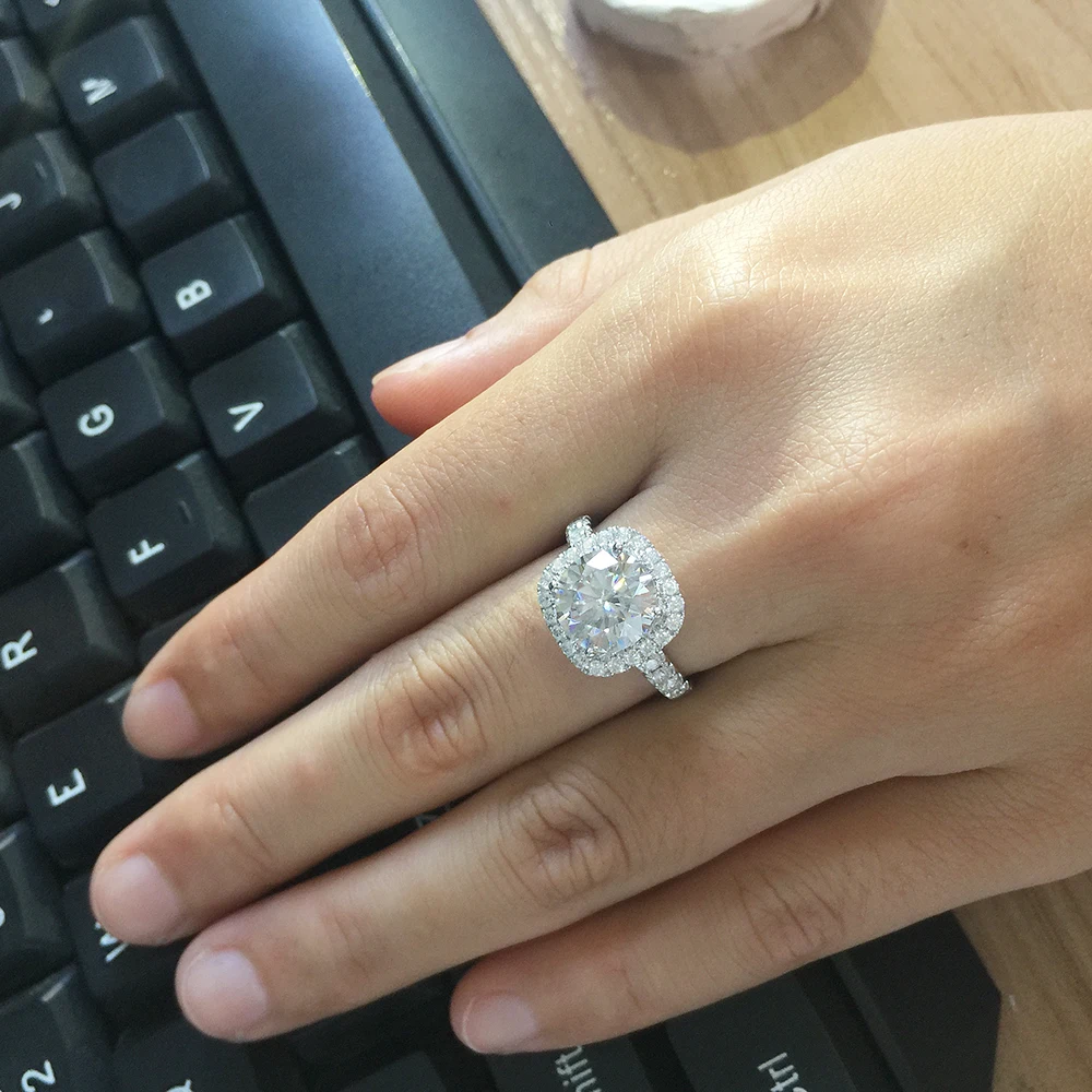 Твердое Настоящее 14 к 585 Белое золото 9 мм 3.0ct карат элегантное DEF цвет круглое обручальное кольцо со светлым окаймлением свадебное Moissanite бриллиантовое кольцо для женщин