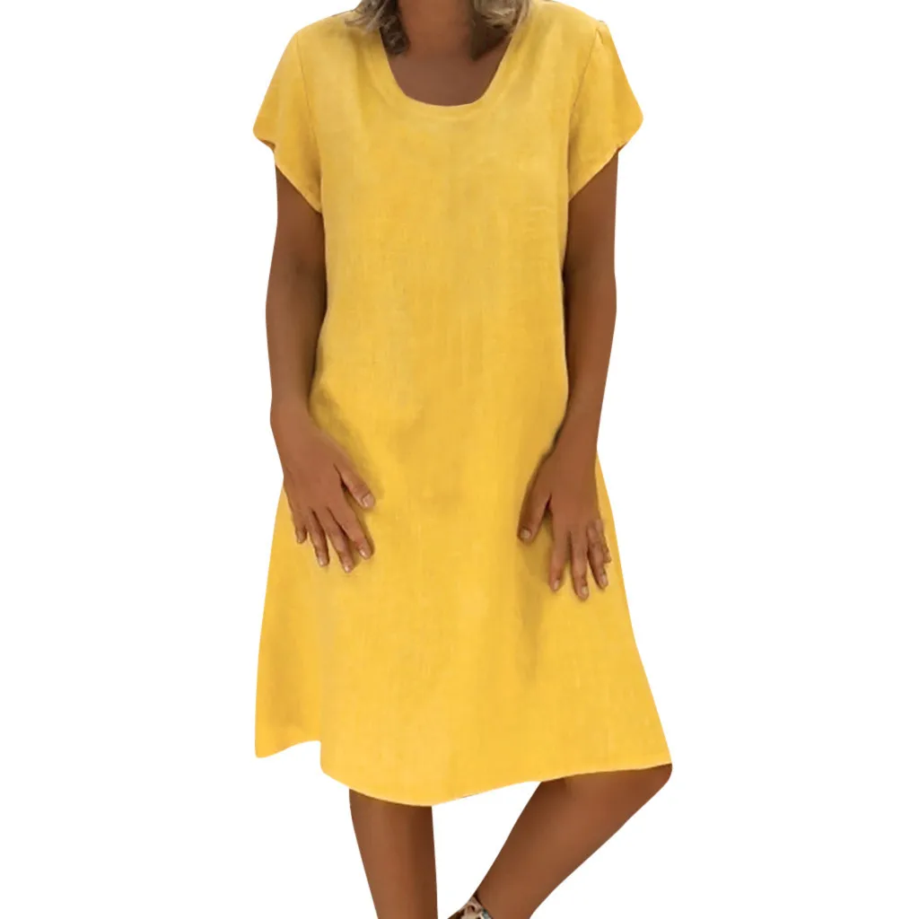 Летние Женские однотонные платья с коротким рукавом Feminino Vestido Футболка женская повседневная из хлопка и льна размера плюс Дамское Платье