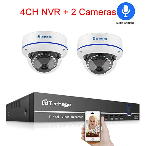 4CH NVR and 2 Camera Techage H.265 CCTV система безопасности 4CH 1080P POE NVR комплект открытый Крытый Купол аудио запись IP камера P2P комплект видеонаблюдения - Цвет: 4CH NVR and 2 Camera