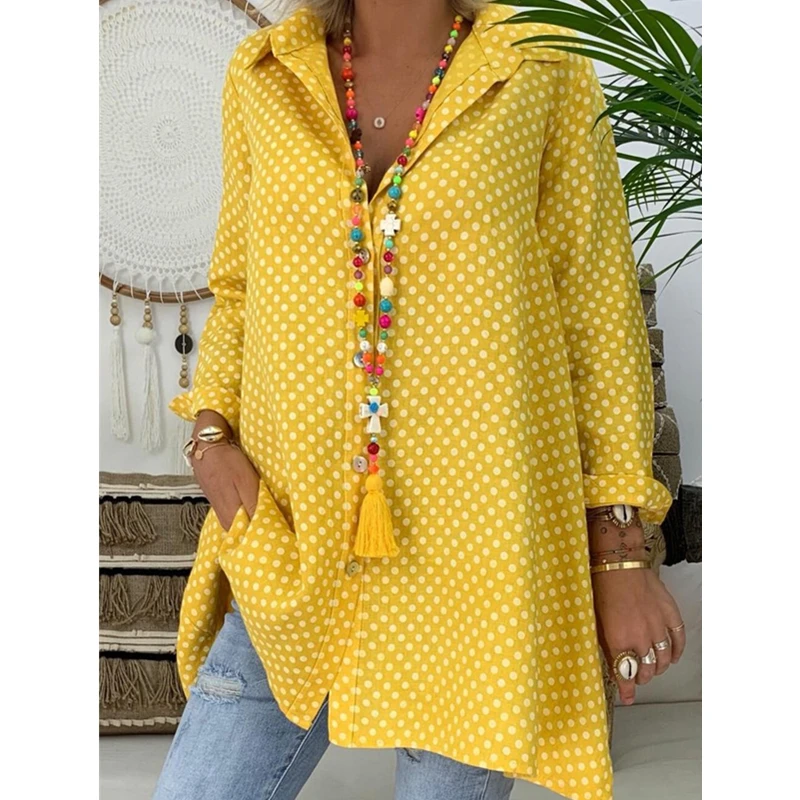 Женская Длинная блузка в горошек Boho летняя Свободная с длинным рукавом