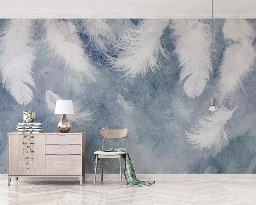 

beibehang Customized wall papers home decor modern ink hand-painted feathers small fresh Nordic TV background wallpaper tapety