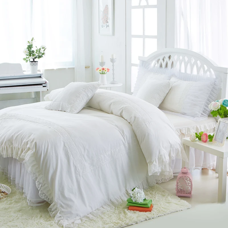 

Princess White Bedding Set Luxury 4/6pcs Ruffles Duvet Cover Bed Skirt Bedspread Bedclothes Cotton Twin Queen King size