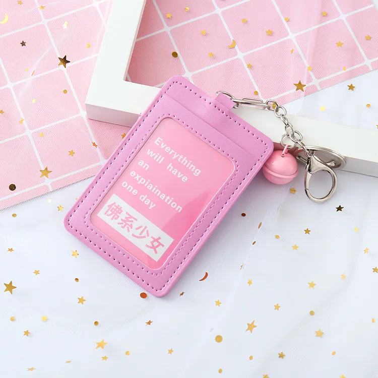 teenage girl Pink Girl ID Card Holder PU Wallet With Small Bell Student Bus Card Set Cover Women Holder Bags Travel Accessories - Цвет: teenage girl