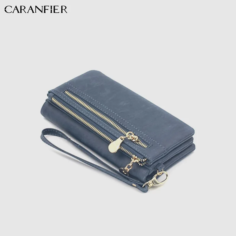 Deep Blue CARANFIER Женский кошелек из искусственной кожи, повседневный двойной клатч на молнии, Женский кошелек с ремешком, длинный, вместительный, модный кошелек для монет - Цвет: Deep Blue