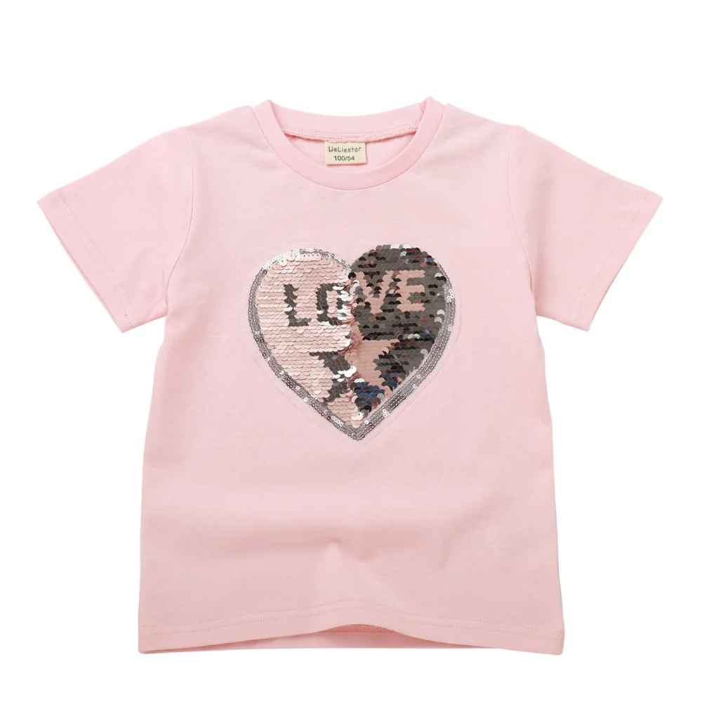 Love Heart Magic Discoloration Sequins Children T-shirt Boy Girls Short Sleeve Sequin Reversible T shirt Baby Cotton Tops | Детская