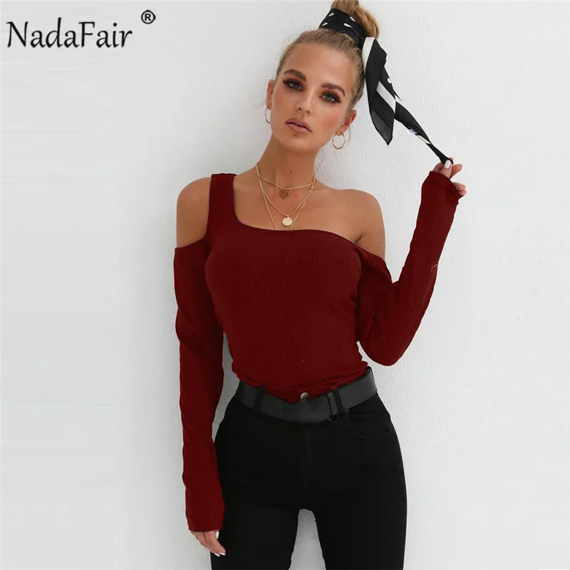 Nadafair Зима с длинным рукавом ребра трикотажные футболки женские осенние однотонные с открытыми плечами пикантные повседневные топы Футболка