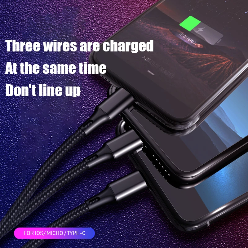 3 в 1 USB кабель для iPhone XS Max X 7 2.4A Быстрая зарядка зарядное устройство type-C Micro USB кабель для samsung S10 мобильный телефон USB C шнур