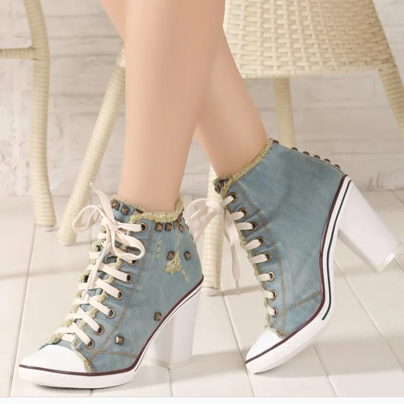 

Autumn winter denim high heels Large size 41 42 zipper high heel women's boots rivet Crude heel ankle boots denim boots boty