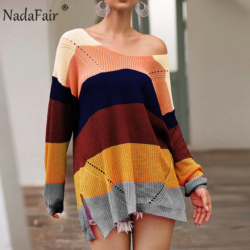 Nadafair/трикотажный свитер большого размера d с радугой, Женский пуловер, Свободный Повседневный зимний свитер, плюс размер,, Осенний джемпер, Pull Femme