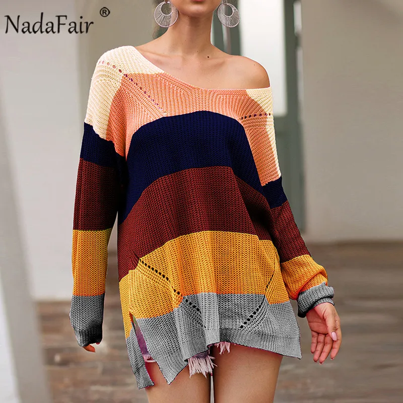 Nadafair Oversized Rainbow Knitted Sweater Women Pullover Loose Casual Winter Plus Size 2019 Autumn Jumper Pull Femme | Женская одежда