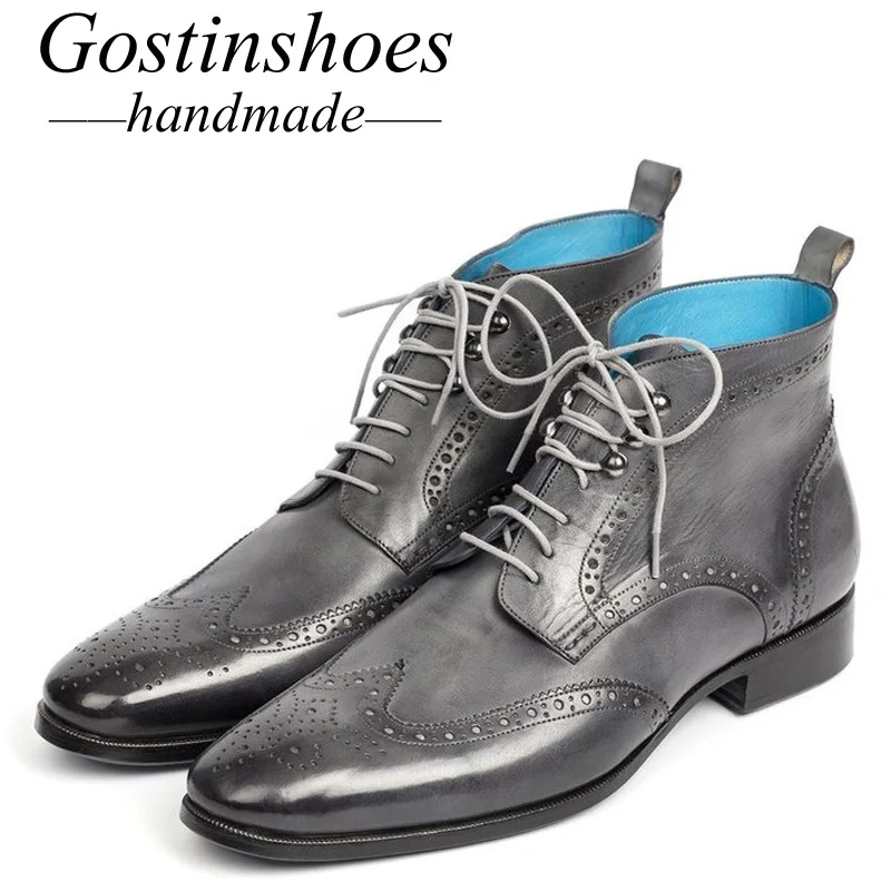 GOSTINSHOES/ботинки с перфорацией типа «броги» ручной работы Goodyear; мужские мотоциклетные ботинки из натуральной кожи; армейские рабочие и защитные ботинки на шнуровке с острым SCT44-47 - Цвет: Зеленый